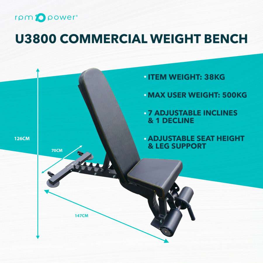 Features and dimensions of commercial weight lifting bench