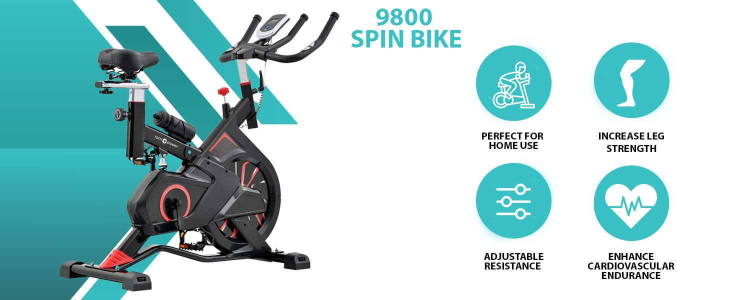 Indoor Exercise Bike with text describing the key features of the spin bike