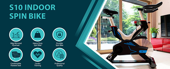 Indoor Spin Bike with Descriptive text about the spin bikes features