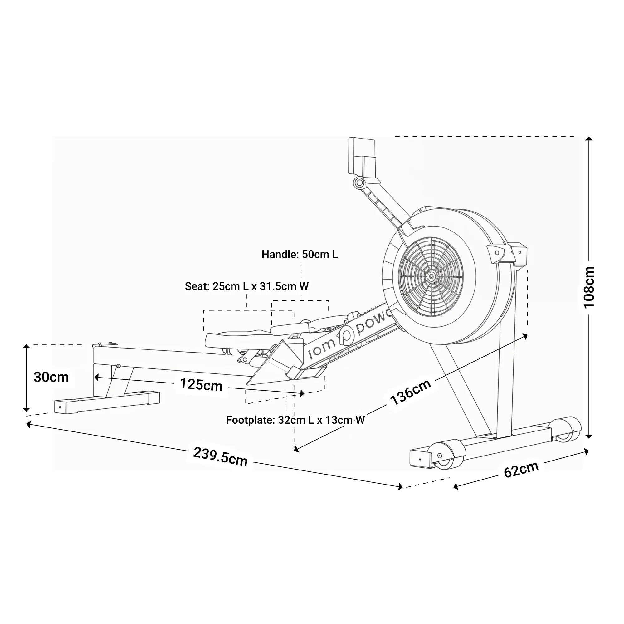 Specifications on a drawing of Air Rower Essential