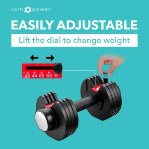 Adjustable Dumbbells with hand and text saying Easily Adjustable