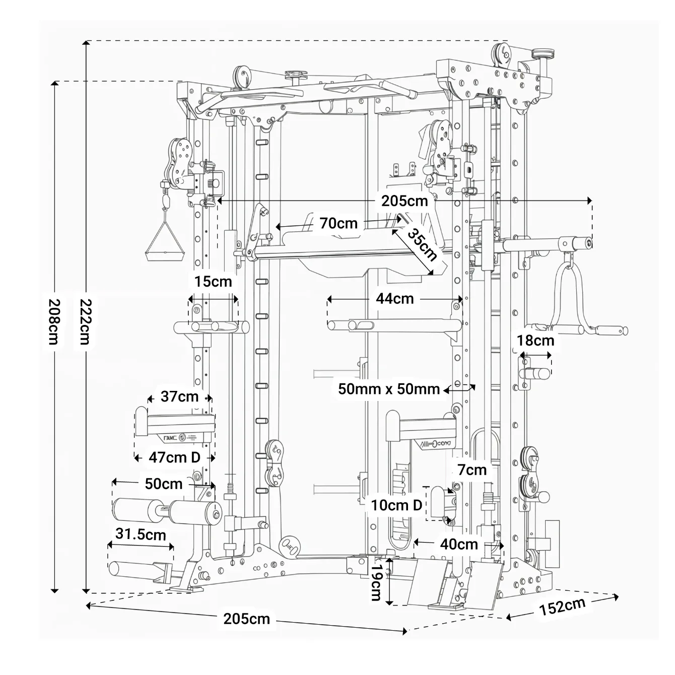 Illustration of Kratos Multi-Gym with product dimensions