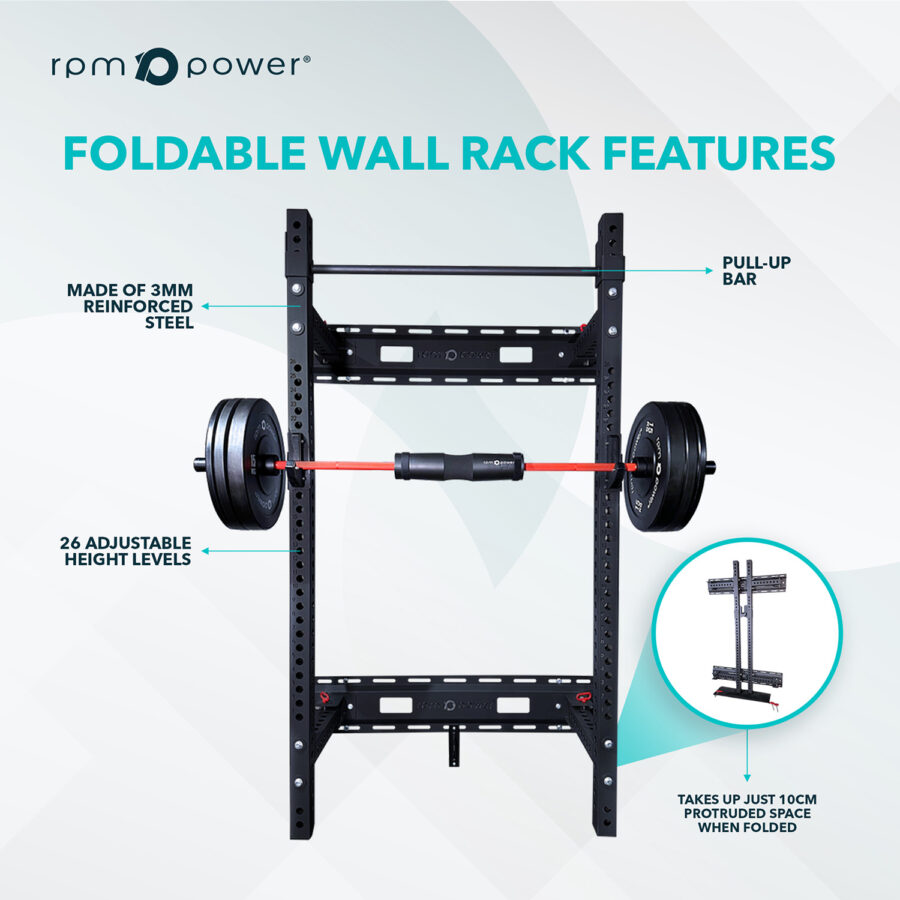 Wall Mounted Home Gym Foldable Squat Rack with Barbell, Weight Plates and Hip Thrust Pad