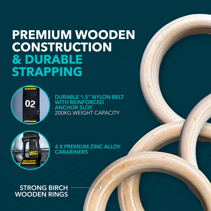 Wooden Gymnastic Rings Wooden Pair & Feature Text