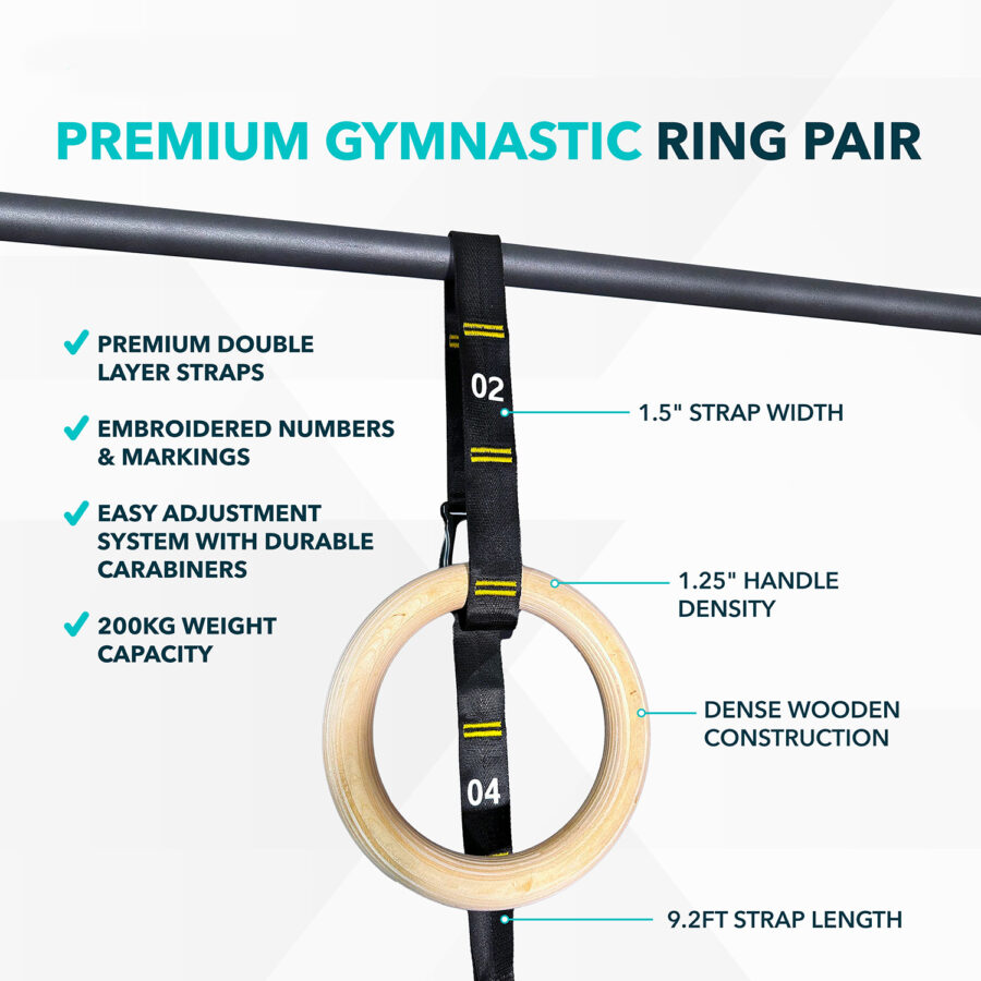 Wooden Gymnastic Rings Wooden Pair & Feature Text