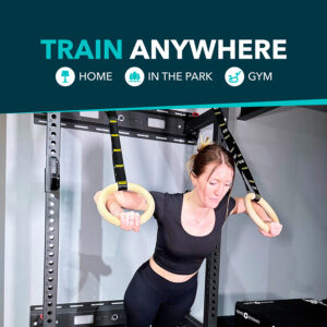 Woman using Wooden Gymnastic Rings Wooden Pair & Feature Text