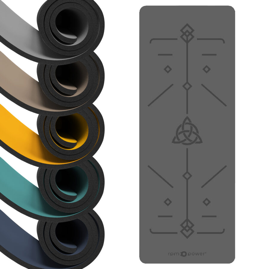 Image of 5 different coloured Yoga Mats with Alignment Lines