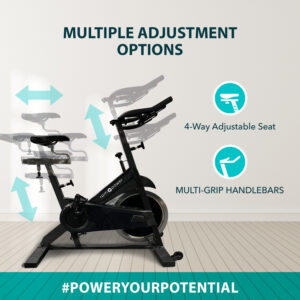 Commercial Spin Bike with descriptive text