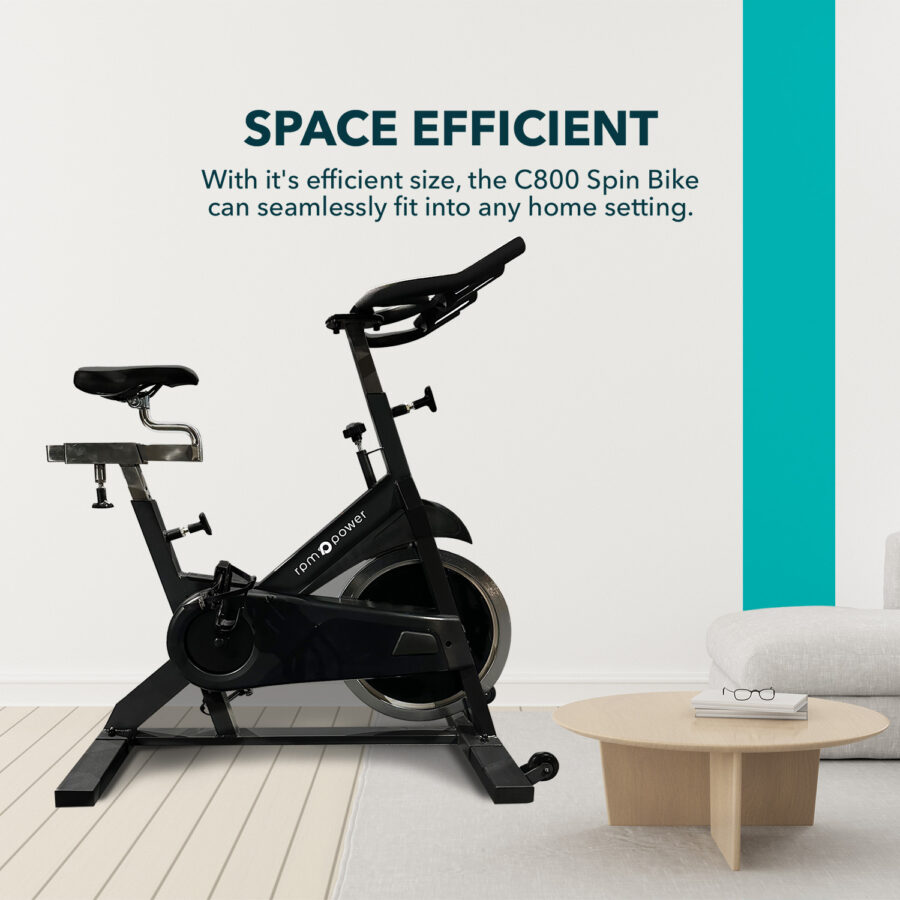 Commercial Spin Bike with descriptive text