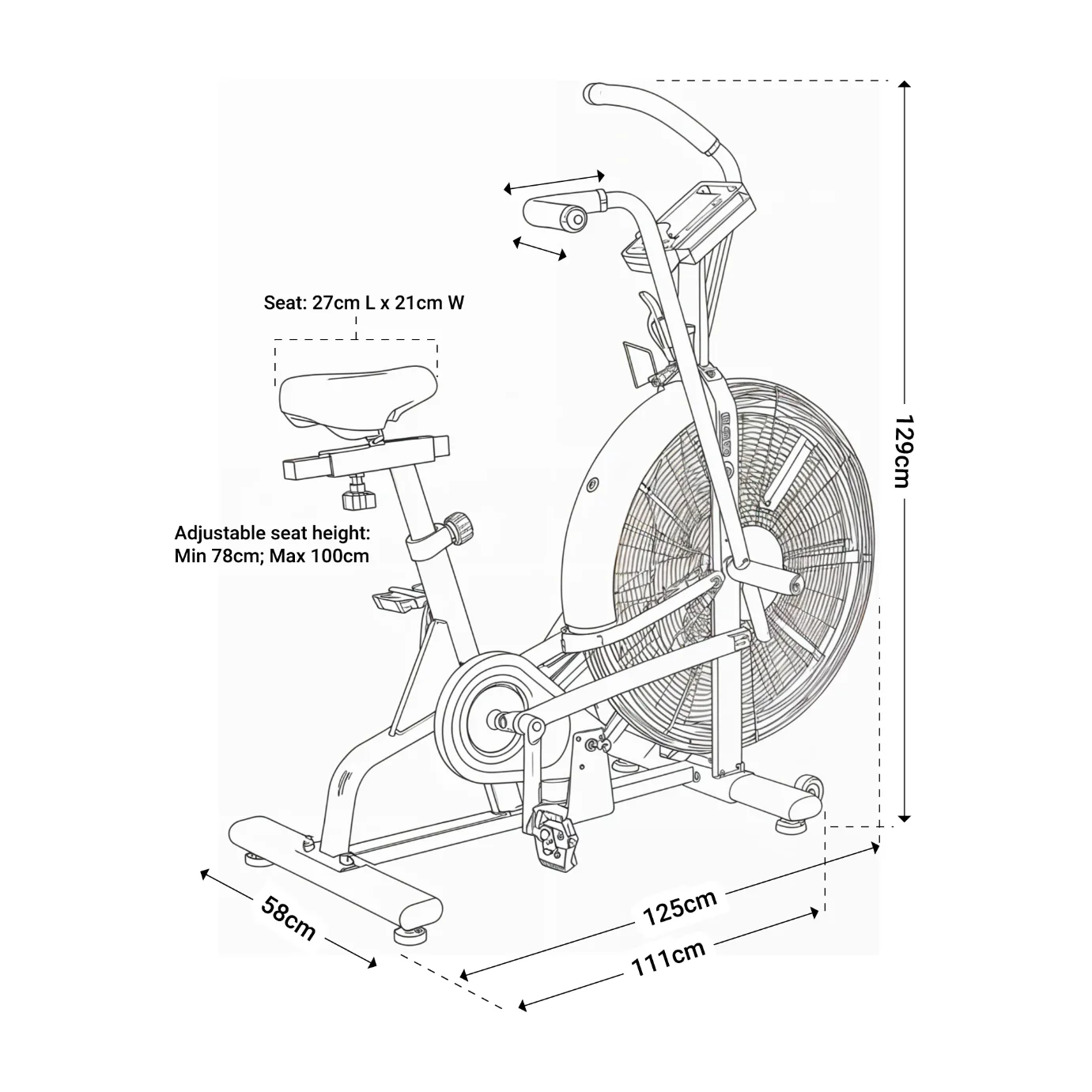 Technical drawing with dimensions of Air bike Essential