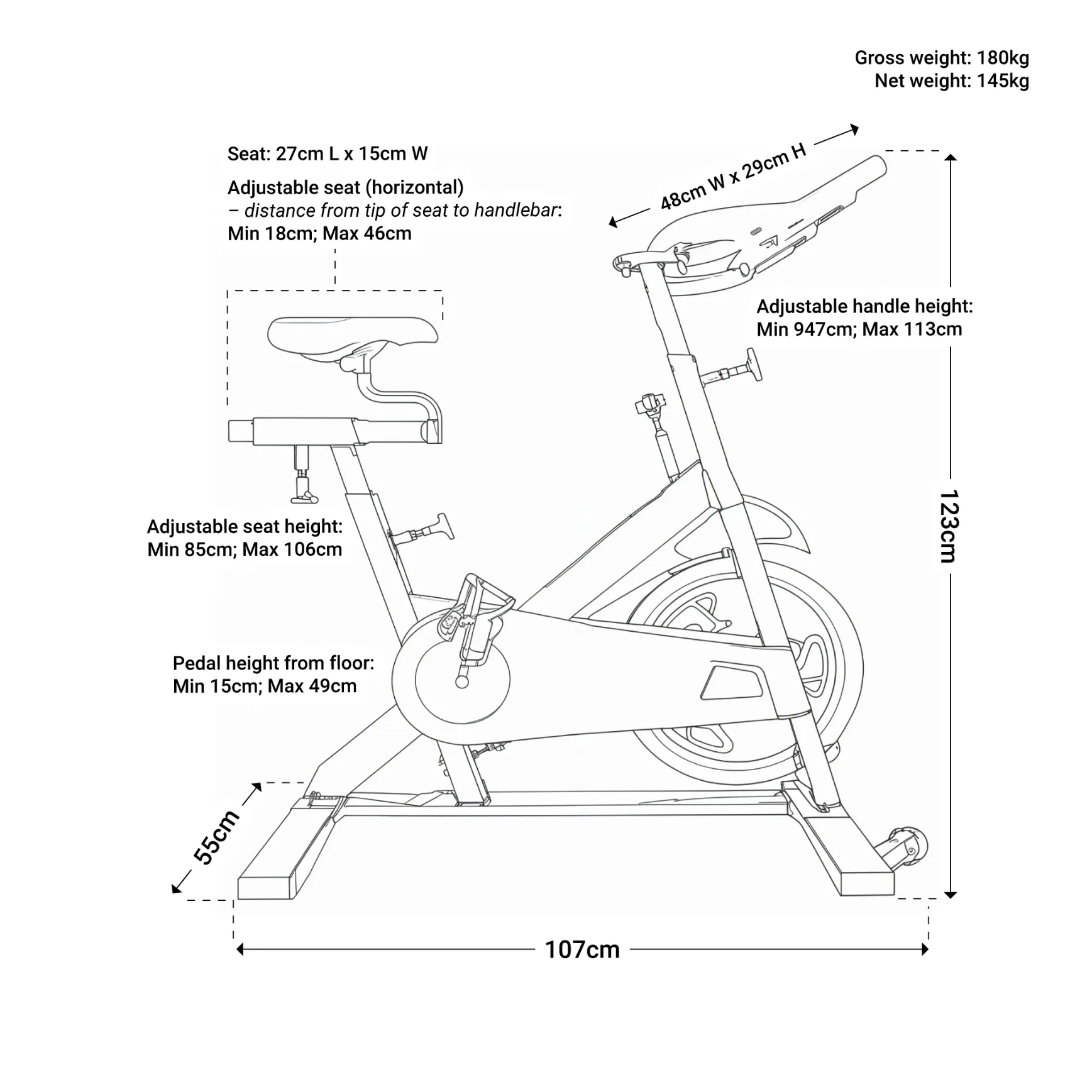 Tech drawing of spinmax essential bike