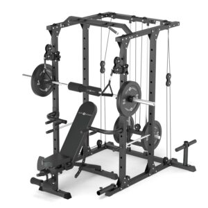 Squat Rack with Weight Bench, Weight Plates, Barbell and Cable Machine
