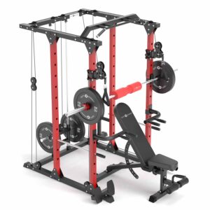 Squat Rack with Weight Bench, Weight Plates, Barbell and Cable Machine
