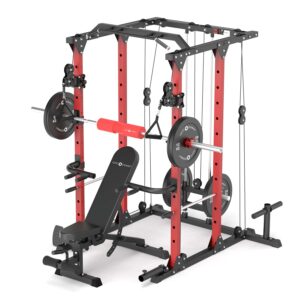 Squat Rack with Weight Bench, Weight Plates, Barbell and Cable Machine