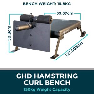Nordic Hamstring Curl Bench with the dimensions of the bench on the image