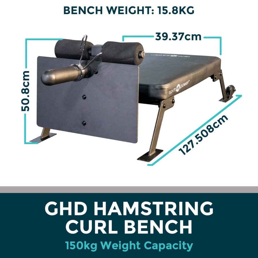 Nordic Hamstring Curl Bench with the dimensions of the bench on the image
