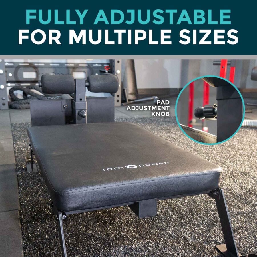 Nordic Hamstring Curl Bench with text describing how it is a fully adjustable hamstring bench suited for multiple sizes