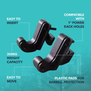 ELITE J-HOOKS PAIR, TEXT WHICH SAYS EASY TO INSERT, 350KG WEIGHT CAPACITY, EASY TO MOVE, PLASTIC PADS FOR BARBELL PROTECTION, COMPATIBLE WITH 1