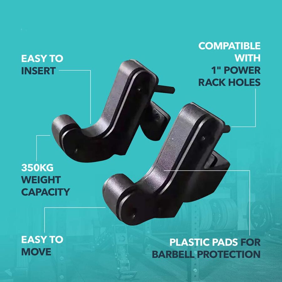 ELITE J-HOOKS PAIR, TEXT WHICH SAYS EASY TO INSERT, 350KG WEIGHT CAPACITY, EASY TO MOVE, PLASTIC PADS FOR BARBELL PROTECTION, COMPATIBLE WITH 1" POWER RACK HOLES