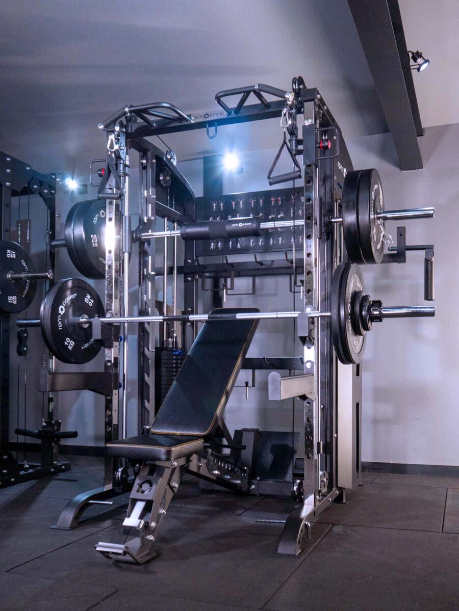 Multigym with Squat rack, barbell, weight plates and weight bench