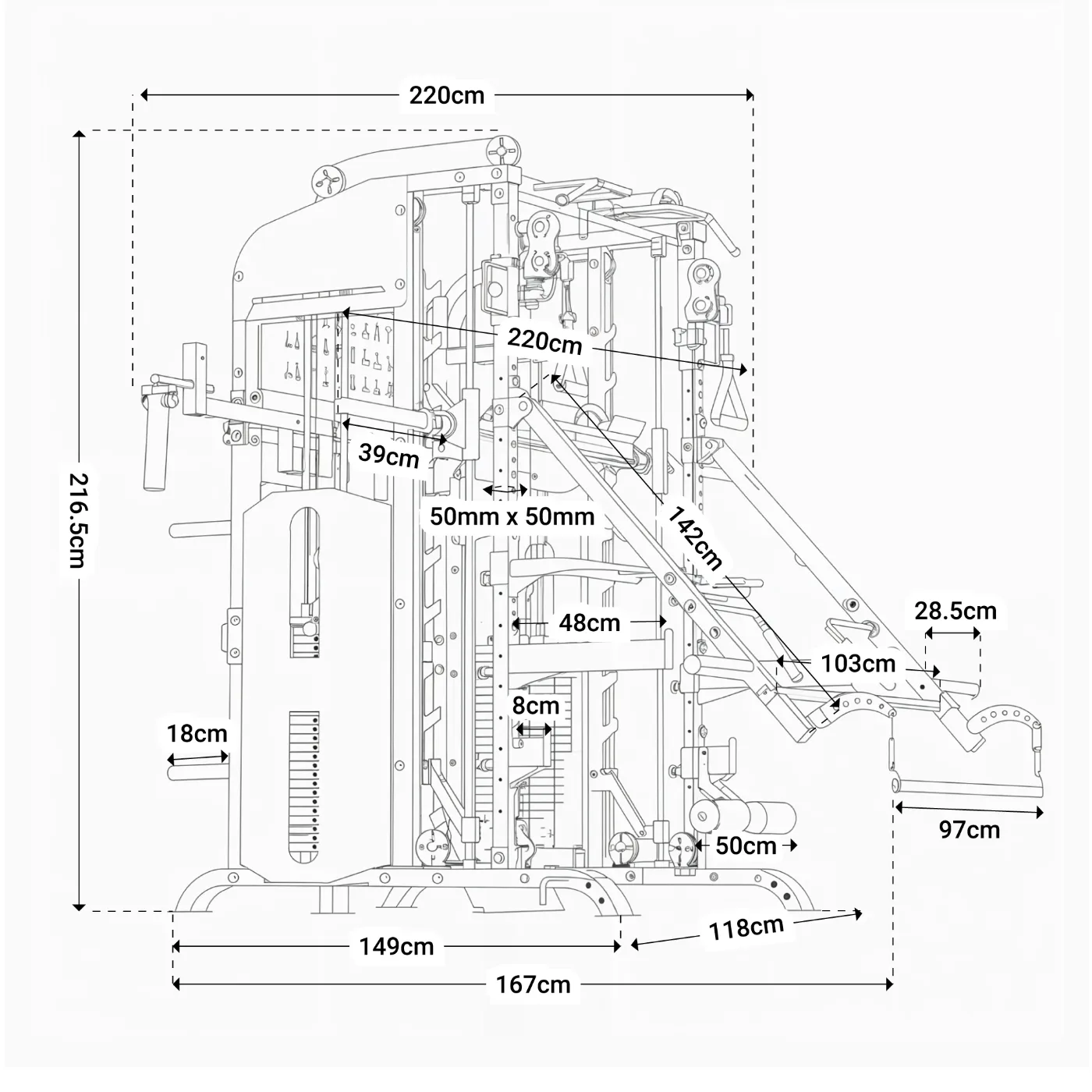 Illustration of Loki Multi-Gym with product dimensions