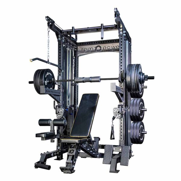 Multigym with Cable Pulley System, Weight Plates, Weight Plate Storage, Olympic Barbell, Weight Bench and lat row