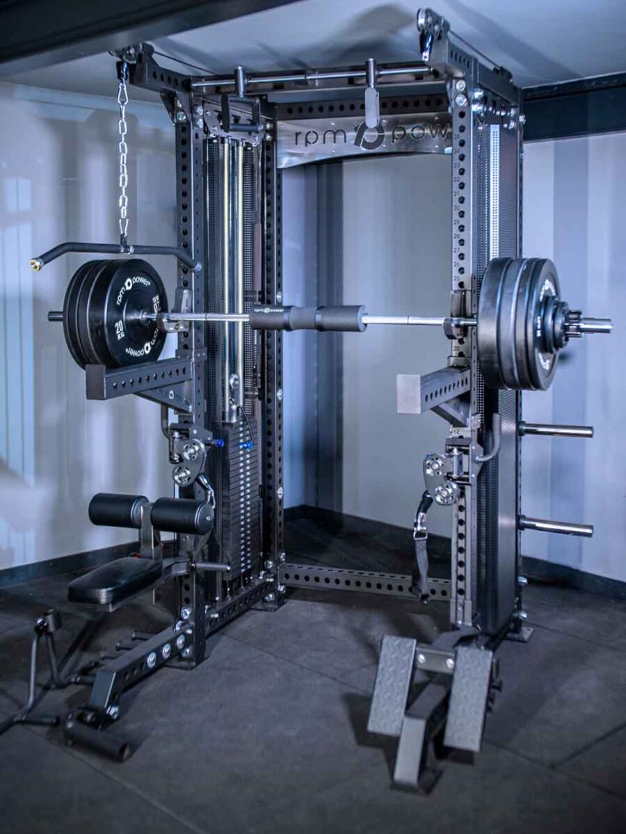 Multigym with Pull Up Bars, Weight Stack, Lat Pull Down and Low Row, Barbell