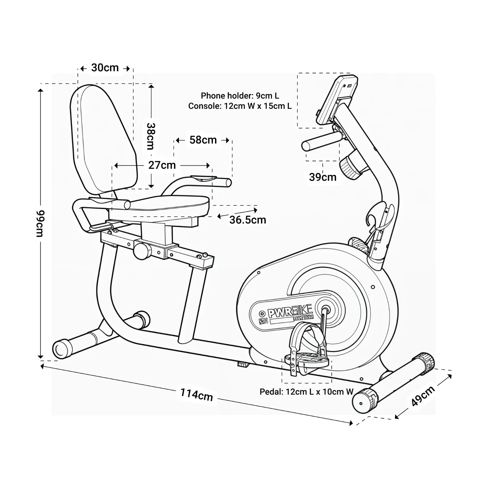 Tech drawing of recumbent bike essential