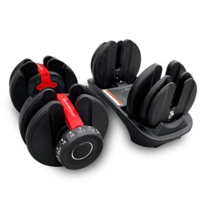 Set of 24kg adjustable dumbbells with one off its base