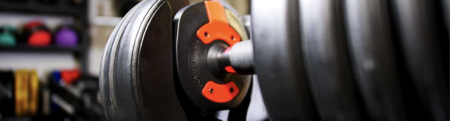 24kg red adjustable dumbbell with colourful medicine balls in the background