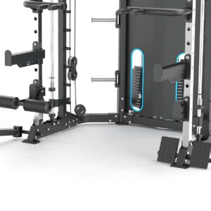 Multigym with weight stack, cable machine, pull up bar and plate storage