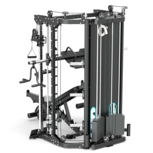 Multigym with weight stack, cable machine, pull up bar and plate storage