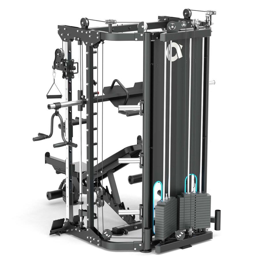 Multigym with weight stack, cable machine, pull up bar and plate storage