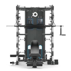 Multigym with weight stack, cable machine, pull up bar and plate storage