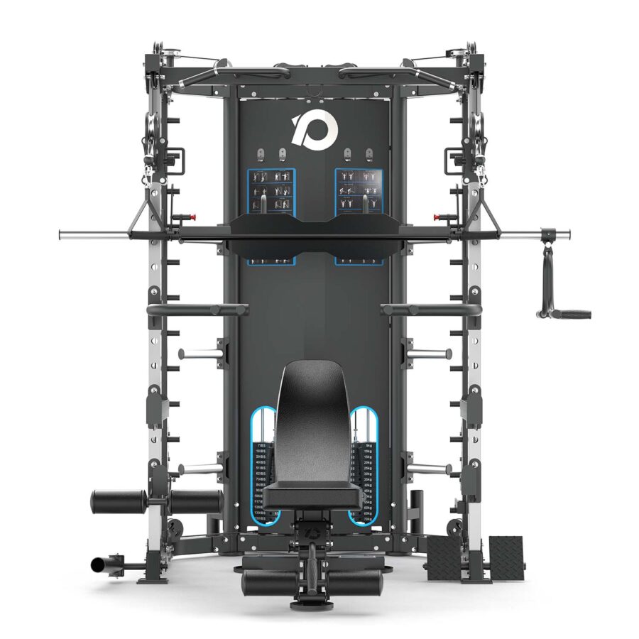 Multigym with weight stack, cable machine, pull up bar and plate storage