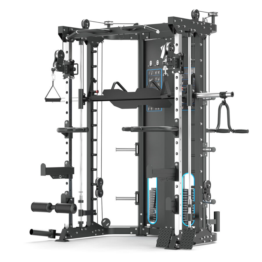 Multigym with weight stack, cable machine, pull up bar and plate storage