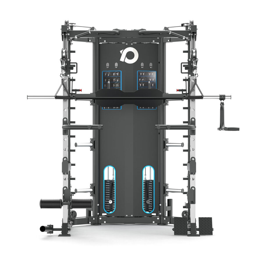 Multigym with weight stack, cable machine, pull up bar and plate storage