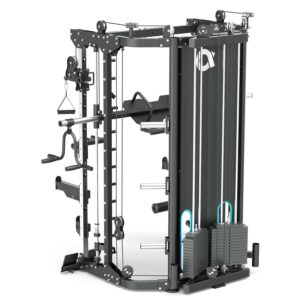 Multigym with weight stack, cable machine, pull up bar and plate storage