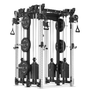 Double Squat Rack with Stainless Steel Uprights, Cable Machine, Pull-Up Bar, Weight Plates & J-Hooks