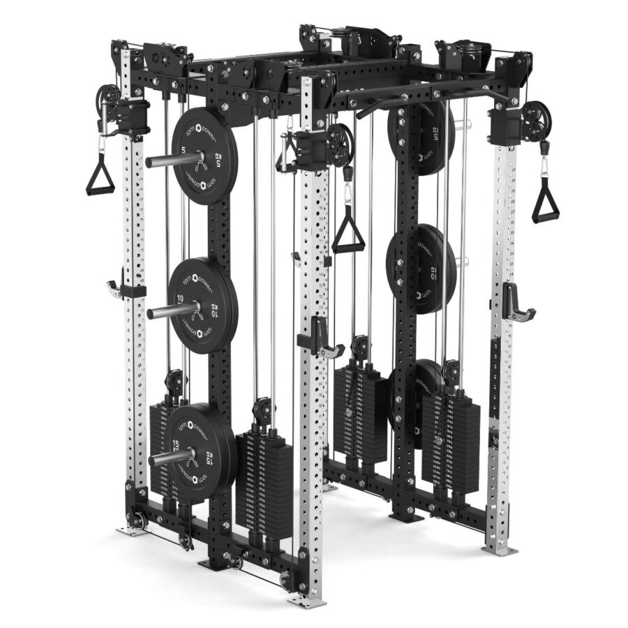 Double Squat Rack with Stainless Steel Uprights, Cable Machine, Pull-Up Bar, Weight Plates & J-Hooks