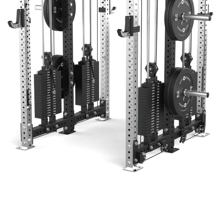 Double Squat Rack with Stainless Steel Uprights, Cable Machine, Pull-Up Bar, Weight Plates & J-Hooks