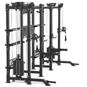 Double Squat Rack with Cable Machines, Pull-Up Bar, Weight Plate Holder, Olympic Barbell Holder, Weight Plates & Rack Storage