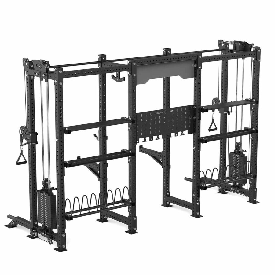 Double Squat Rack with Cable Machines, Pull-Up Bar, Weight Plate Holder, Olympic Barbell Holder, Weight Plates & Rack Storage