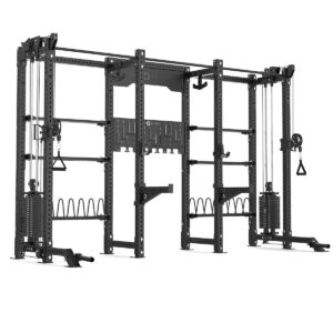Double Squat Rack with Cable Machines, Pull-Up Bar, Weight Plate Holder, Olympic Barbell Holder, Weight Plates & Rack Storage