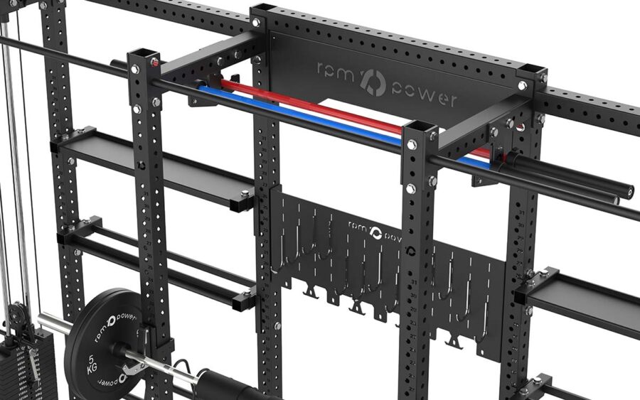 Double Squat Rack with Cable Machines, Pull-Up Bar, Weight Plate Holder, Olympic Barbell Holder, Weight Plates & Rack Storage