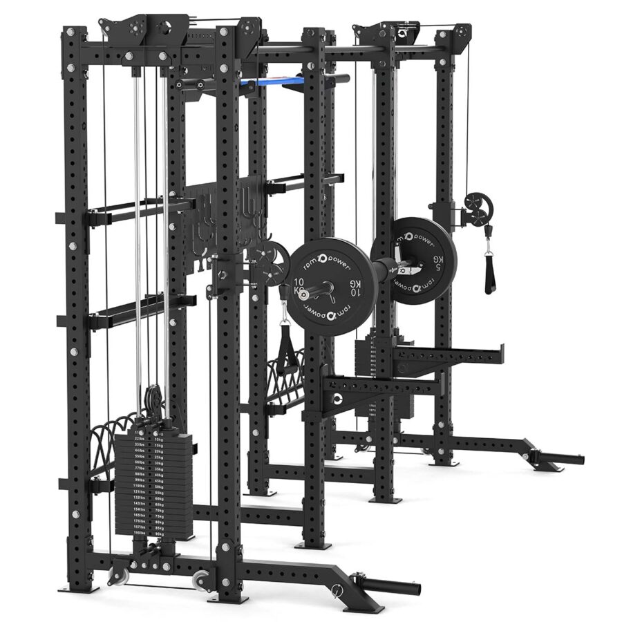 Double Squat Rack with Cable Machines, Pull-Up Bar, Weight Plate Holder, Olympic Barbell Holder, Weight Plates & Rack Storage