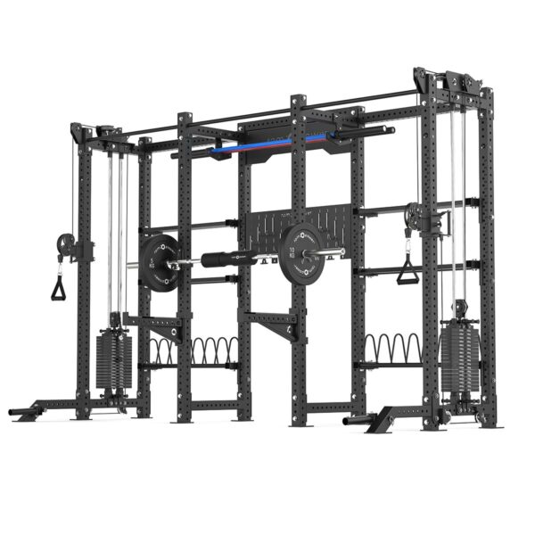 Double Squat Rack with Cable Machines, Pull-Up Bar, Weight Plate Holder, Olympic Barbell Holder, Weight Plates & Rack Storage