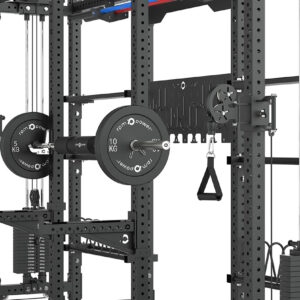 Double Squat Rack with Cable Machines, Pull-Up Bar, Weight Plate Holder, Olympic Barbell Holder, Weight Plates & Rack Storage