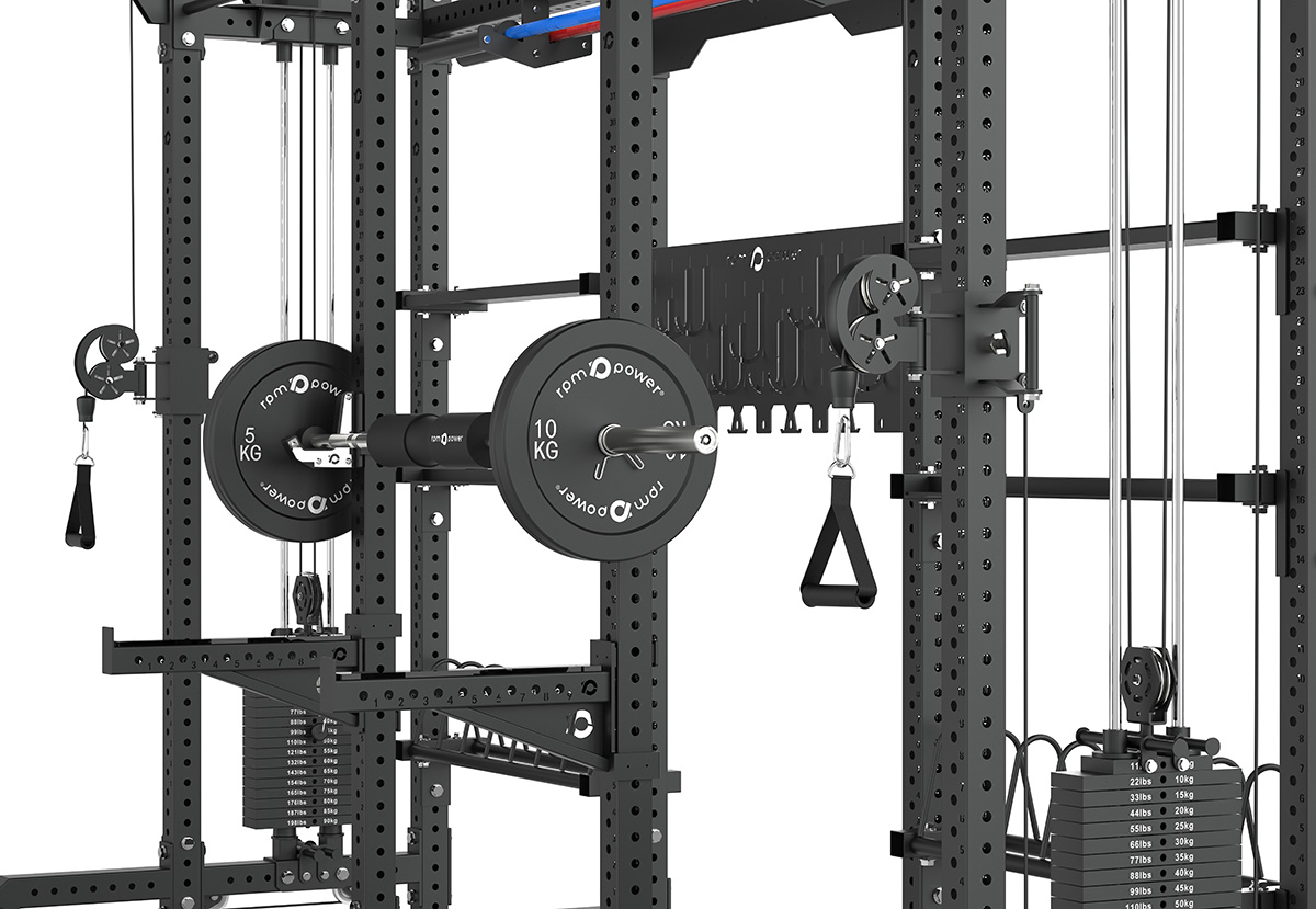 Double Squat Rack with Cable Machines, Pull-Up Bar, Weight Plate Holder, Olympic Barbell Holder, Weight Plates & Rack Storage