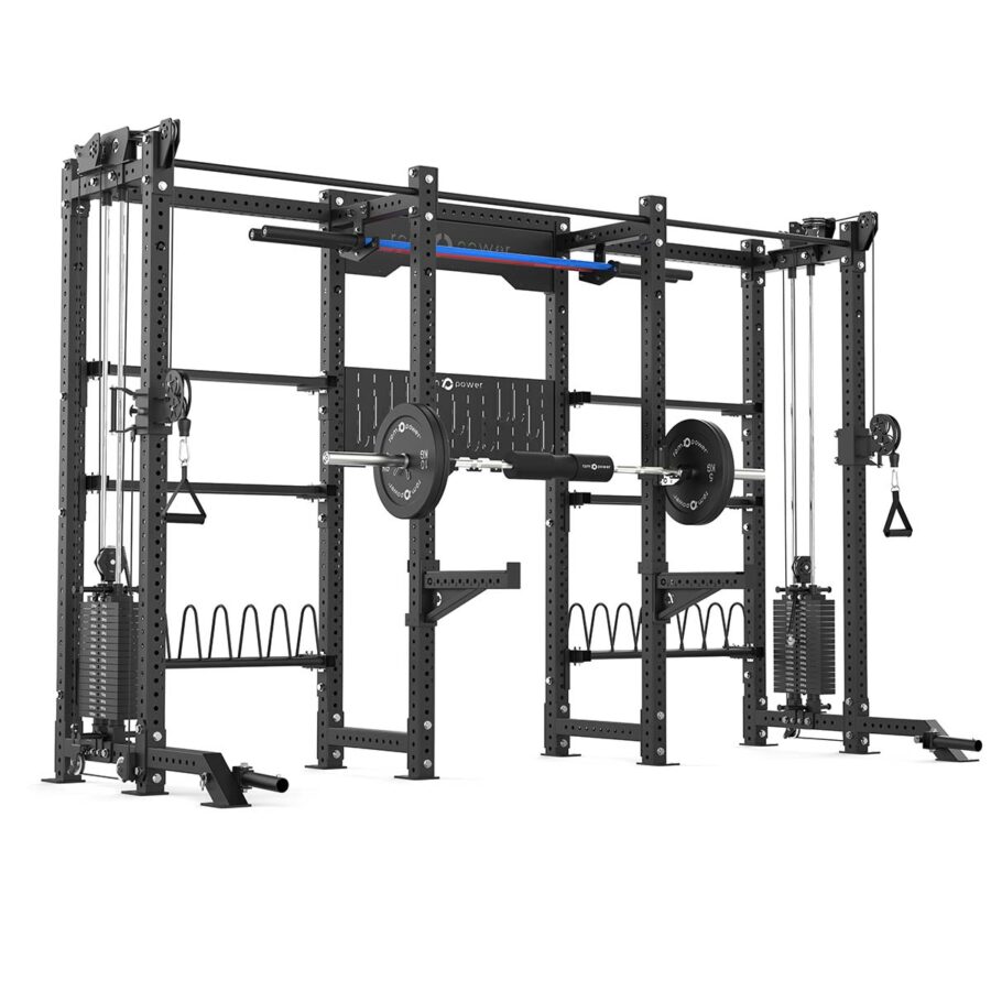 Double Squat Rack with Cable Machines, Pull-Up Bar, Weight Plate Holder, Olympic Barbell Holder, Weight Plates & Rack Storage